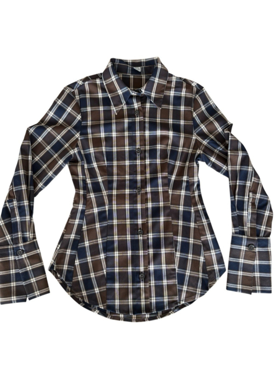 Toteme Tops - TOTEME Kimono Sleeve Poplin Shirt Tailored Plaid Brown Navy Check EU 42 NWOT